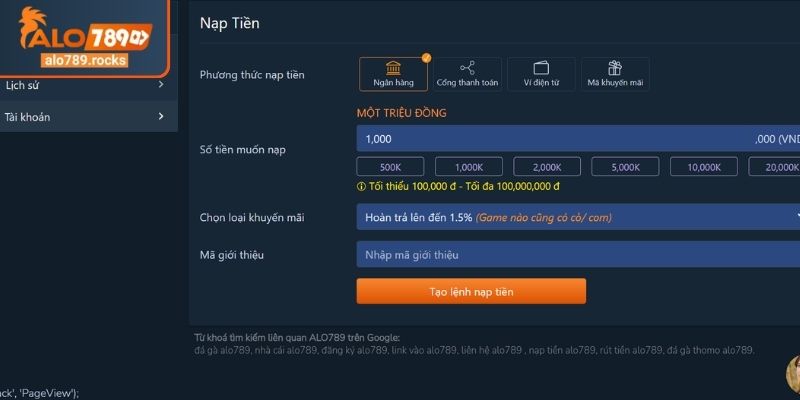 Nạp Rút Tiền Alo789 2 Quy trình gửi vốn đơn giản vào nền tảng